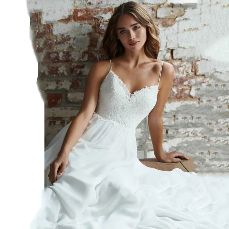 

LORIE Boho Wedding Dress Spaghetti Strap A Line Chiffon Long Backless Beach Wedding Gown Appliques Lace Top Bride Dress 2019