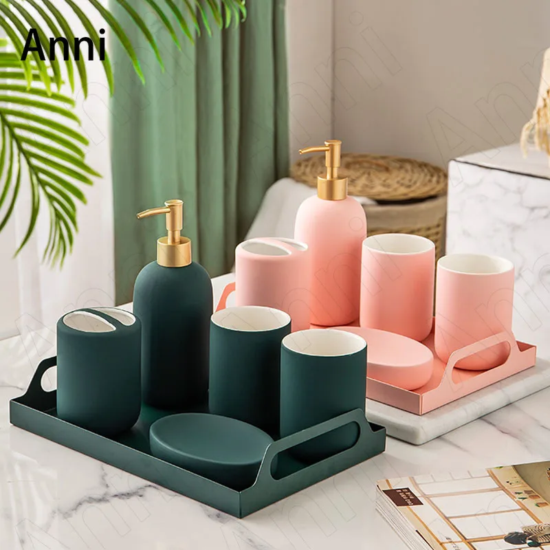 

Nordic Simple Ceramic Bathroom Accessories Set Creativity Mouth Cup Soap Dish Toothbrush Cup Five Piece Set Wash Set Home Decor