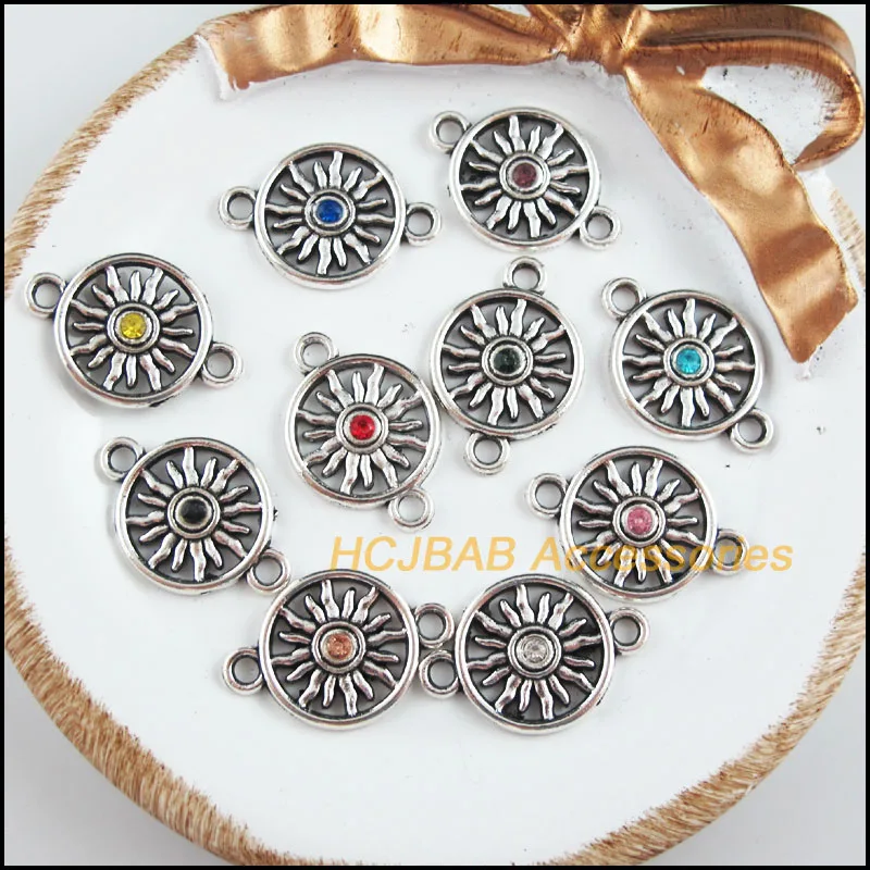 10 New Flower Charms Tibetan Silver Tone Retro Mixed Crystal Connectors 16x23mm