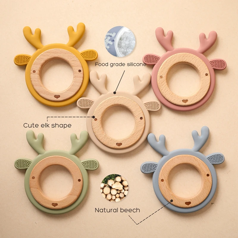 Animal Elk Koala Cartoon Teether BPA Free Food Grade Silicone Beech Wood Baby Teething Toy Rattle Safe Newborn Chew Nursing Gift