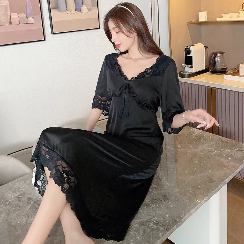 Lisacmvpnel Sexy Nightdress Female Summer Short Sleeve Sweet Girl Lace Hollow Ice Silk Long Design Nightwear