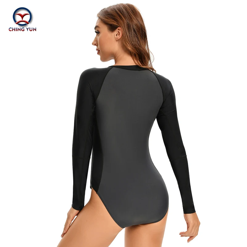 Costume da bagno intero da donna moda manica lunga cuciture colore cerniera stile surf vestito da sole femminile costume da bagno Spa costume da bagno donna