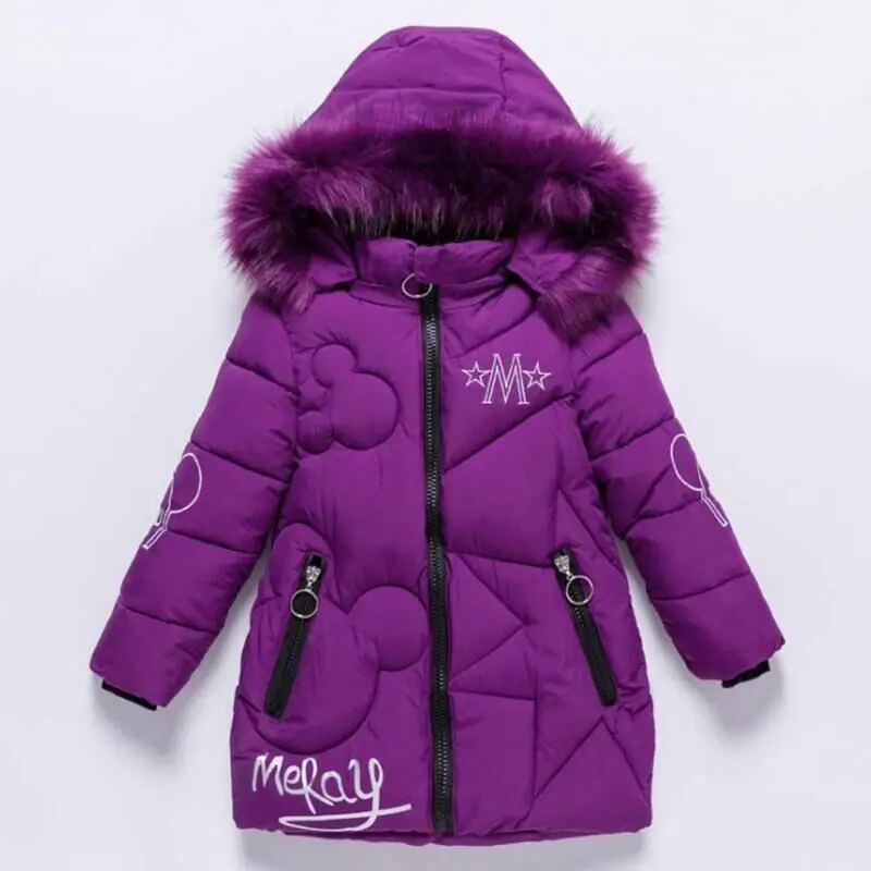 Winter Girls Teenager Windbreaker Coat Keep Warm Hooded Jacket For Girl Fur Collar Plus Velvet Long Style Outerwear 4-12 Years