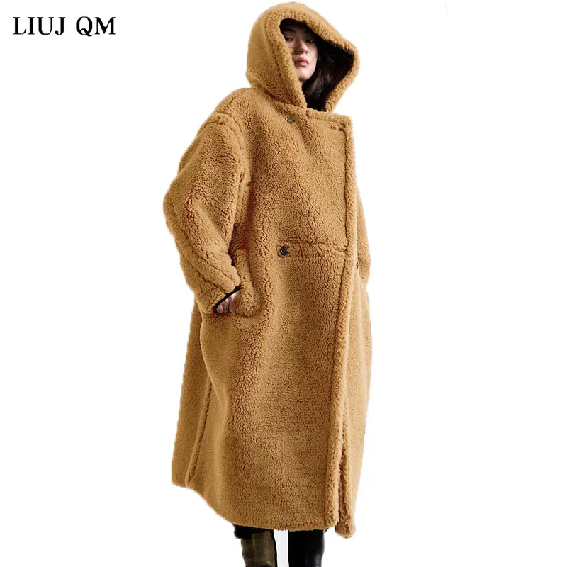 Teddy Bear Coat Winter Clothes For Women 2023 Black Belted Wool Coat Hooded Long Parkas Female Warm Oversized Jacket Fur Coats