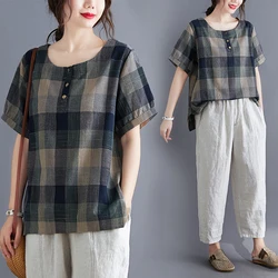 Women's Summer Cotton Linen Plaid Blouse Shirt O-neck Short Sleeve Casual Loose Big Size Tops Vintage Tunic With Button