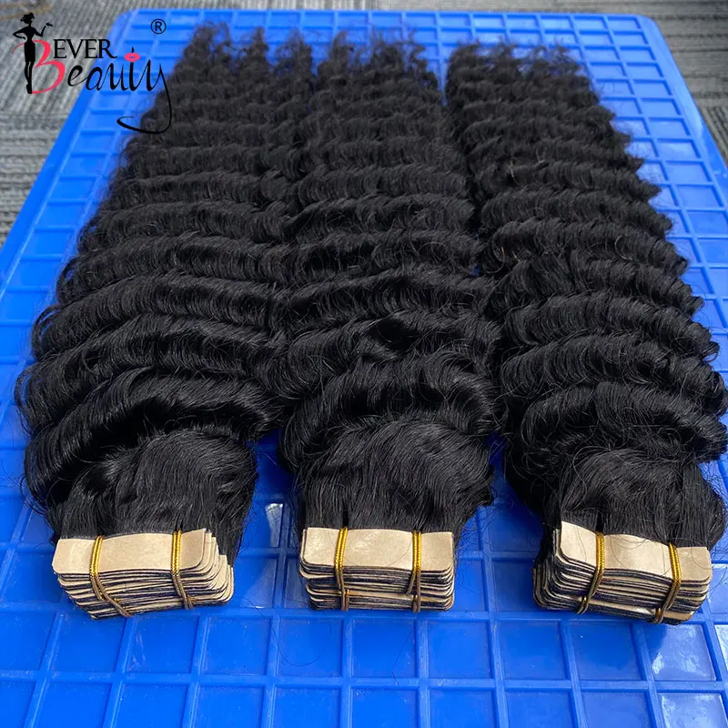 Tape In Hair Extensions For Black Women Loose Curly Skin Weft Invisible Human Hair Bundles Brazilian Bulk Deep Wave Ever Beauty