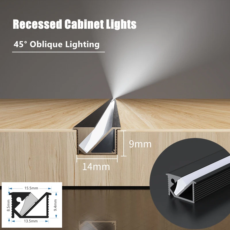 Recessed LED Under Cabinet Lamp 45 Degree Oblique Lighting Mini Thin Hidden Embedded Layer Shelf Aluminum Profile Hard Bar Light