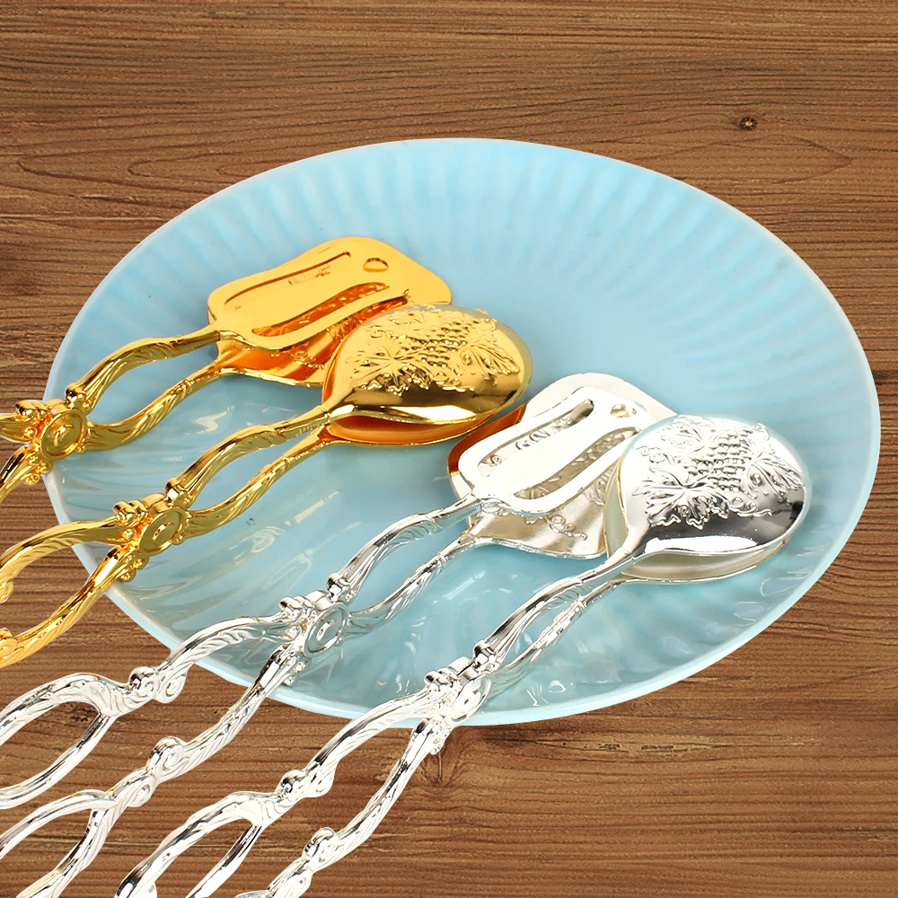 Pinzas para comida Buffet, herramienta para hornear, barbacoa, Snack, pastel, Estilo Vintage, chapado en oro, ensalada de frutas, pastel, abrazadera de pastelería
