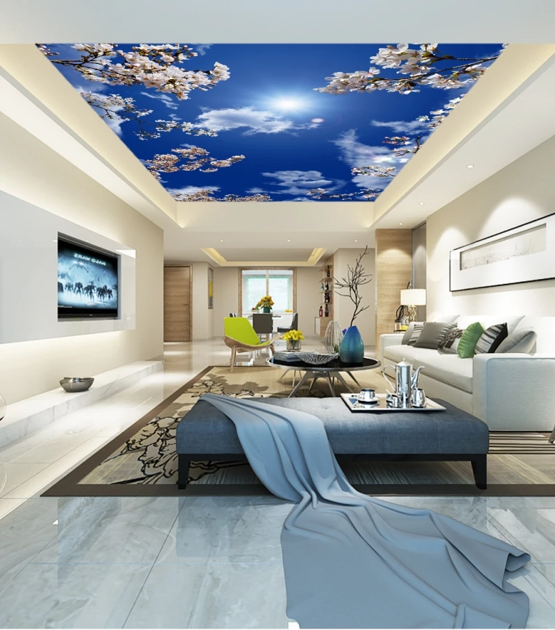 Custom Ceiling Wallpaper Fresh and beautiful cherry blossom blue sky and white cloud ceiling mural