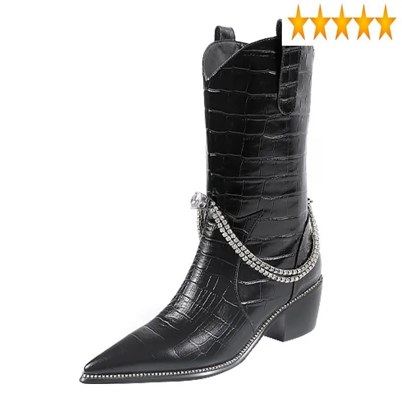 

Pointed Toe Chunky Chelsea Women Diamond Chains Western White Thick Heel Knight Boots Winter Runway Ladies Shoes