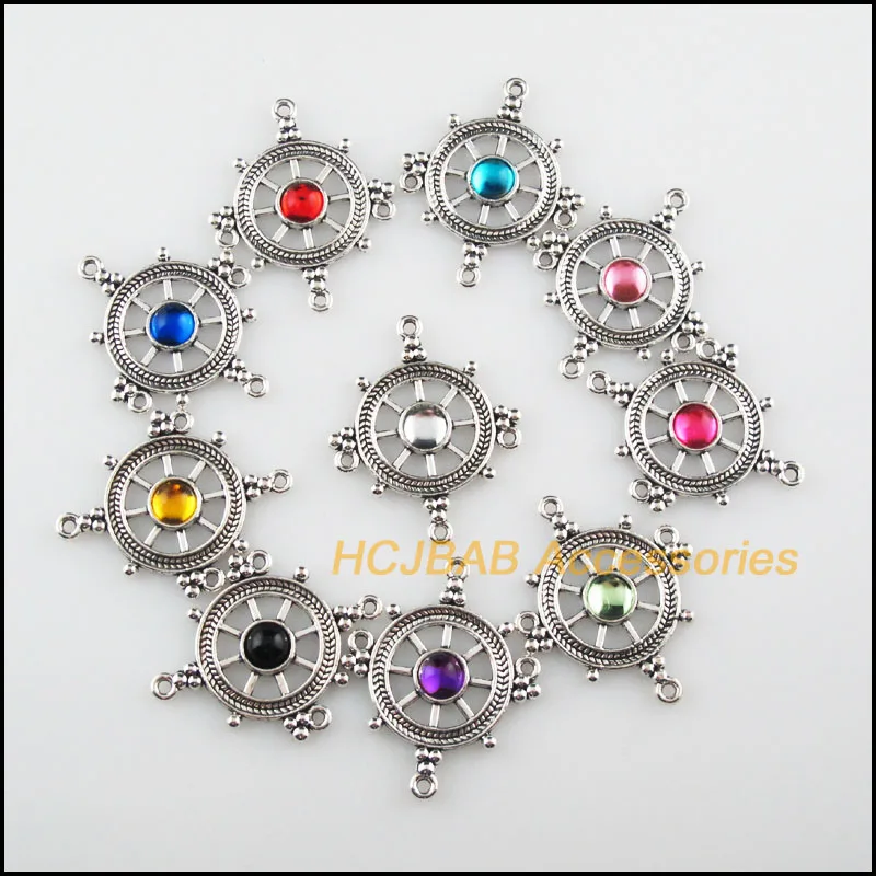 10Pcs Tibetan Silver Tone Rudder Mixed Acrylic Vessels Charms Connectors 28x34mm