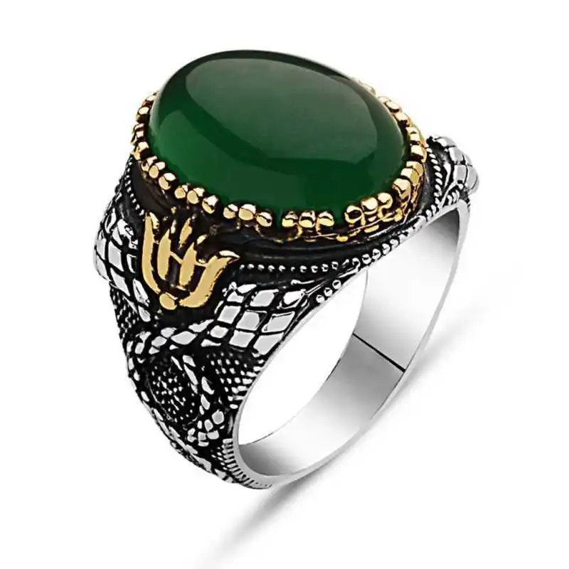 Silver Green Agate Stone Men's Ring - 925 Sterling Men's Jewelry Wedding Birthday Gift - Box - Men - Fashion - Botiva - Size - Turkish - Patterned Embroidery