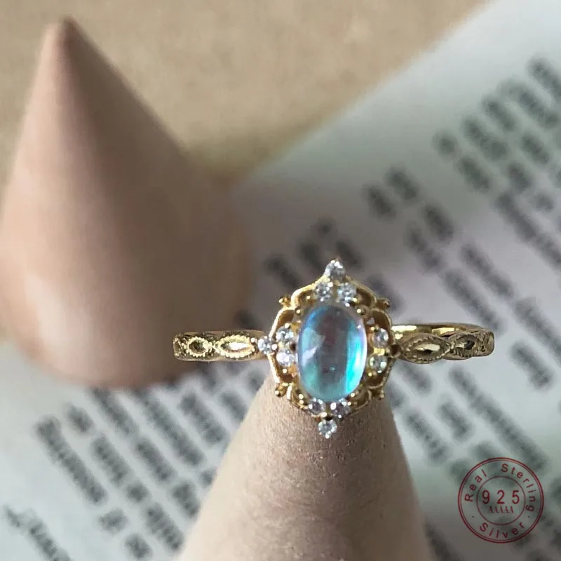 

HI MAN 925 Sterling Silver Plating 14K Gold Korea Elegant Retro Moonstone Adjustable Ring Women Noble Party Jewelry