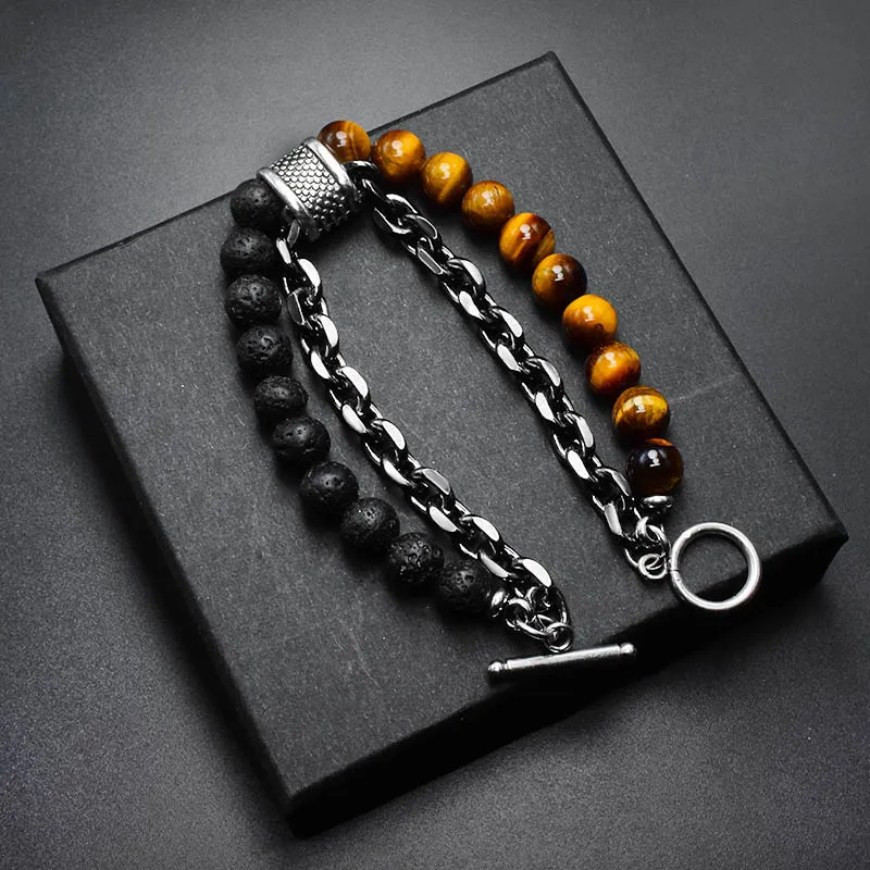 2 Layers Gun Black Stainless Steel Chain Bracelet Men's Tiger Eye Natural Stone Beads Bracelet for Men Beads Strand Braclet Gift image 3