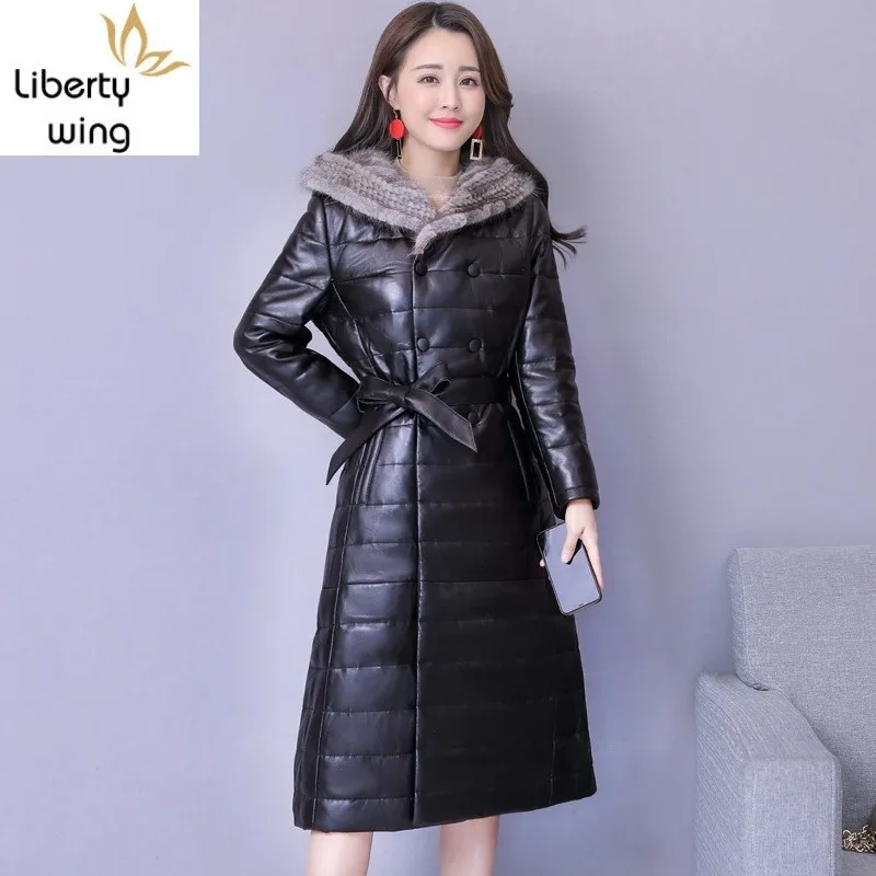 Hooded Sheepskin Long Leather Jacket Women Warm Faux Mink Fur Collar Solid Black Belt Plus Size Coat Female Fashion Winter