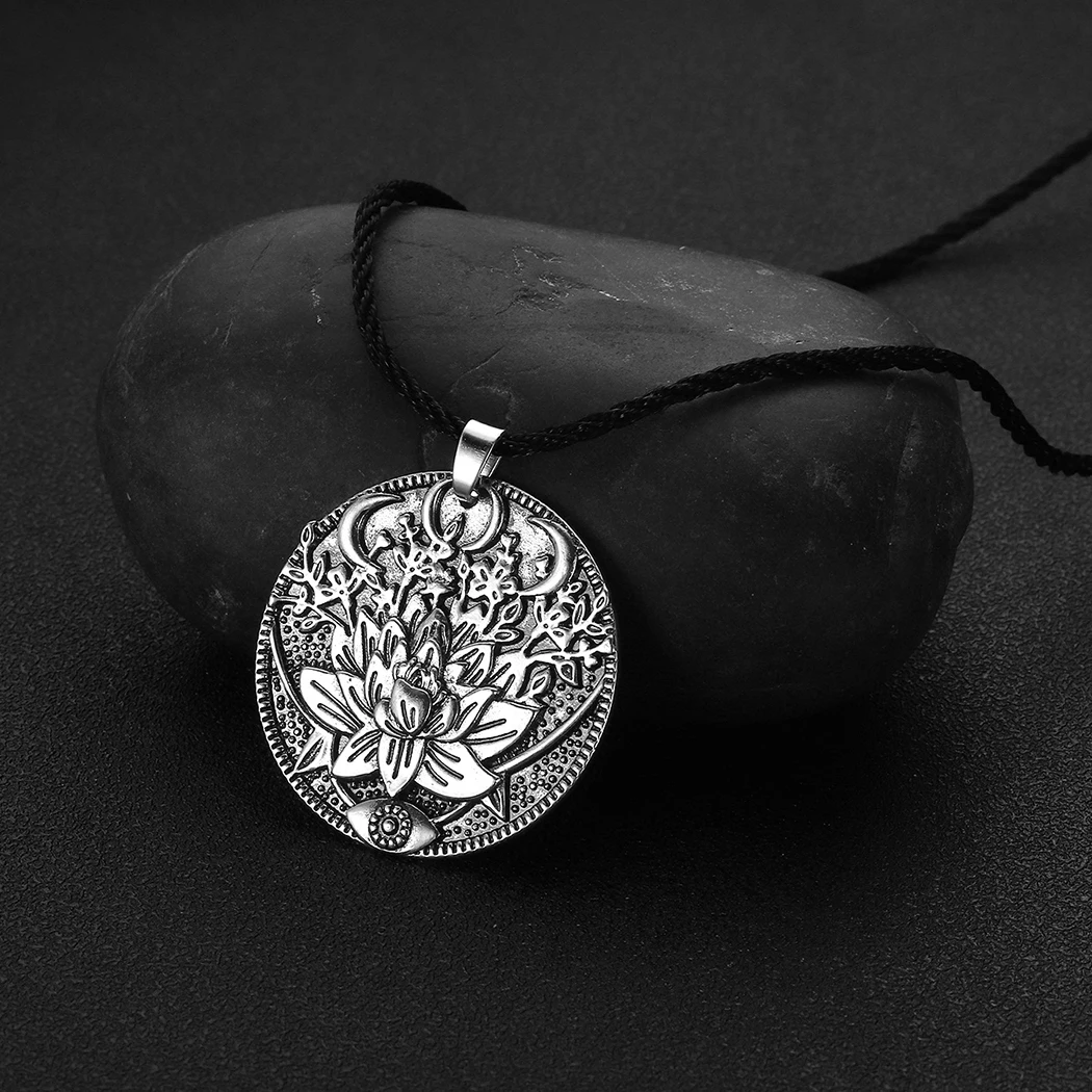 Triple Moon Goddess With A Lotus Flower Wiccan Evil Eye Necklace Women Men Engraved Witchcraft Amulet Talisman Jewelry Collar