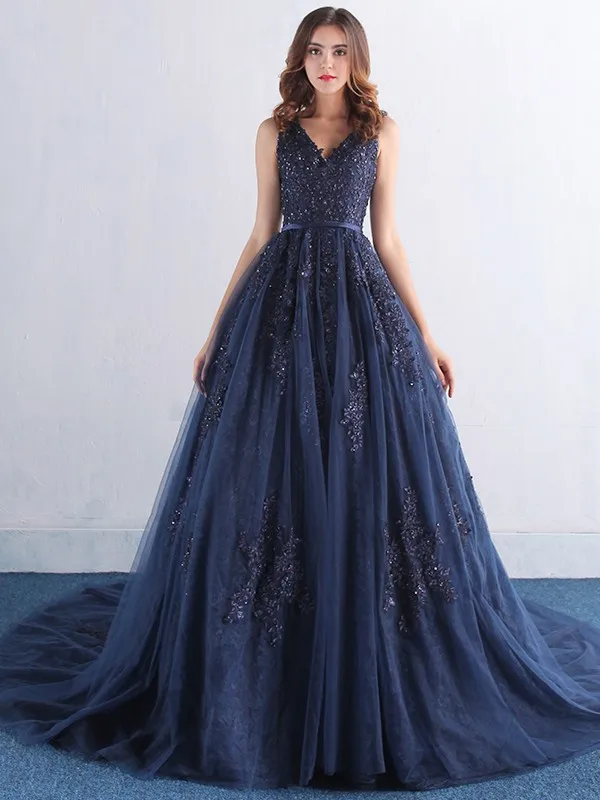 Customed Navy Blau Spitze Perlen Lange Prom Kleid 2021 V-ausschnitt Appliques Pailletten Tüll Formale Party Kleider Robe De Cocktail