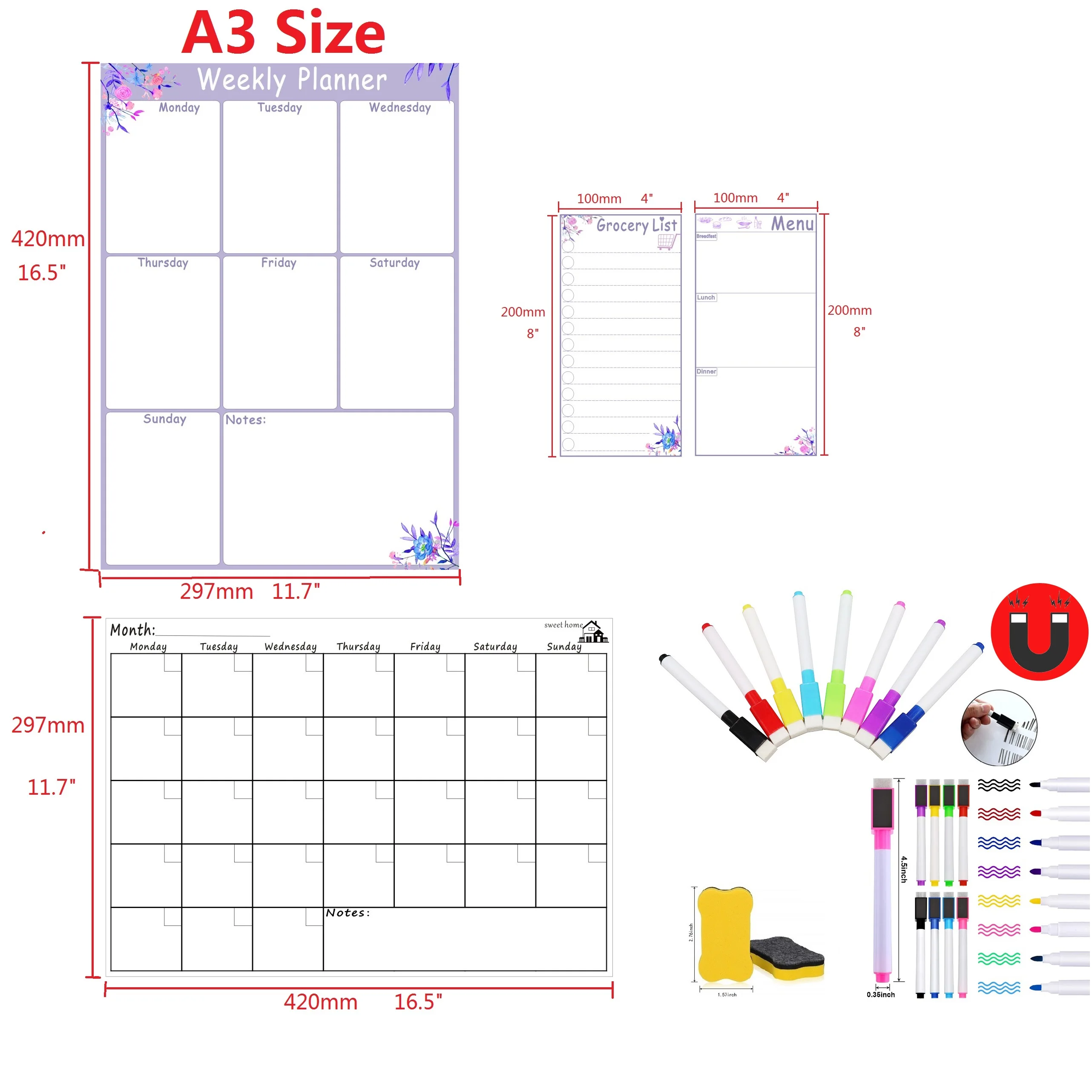 Magnetic Dry-Erase White Board Sheet for Fridge Refrigerator Whiteboard Planner Month Organizer Magnetic Monthly Calendar Board