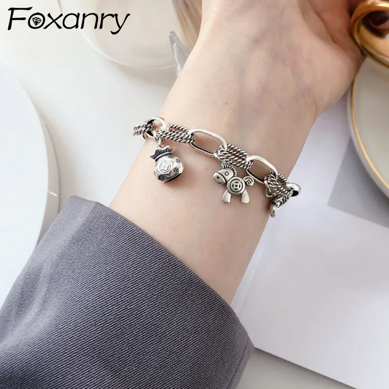 Foxanry Silver Color Bracelet New Trendy Vintage Creative Pony Flowers Party Jewelry Birthday Gifts Couples Accessories