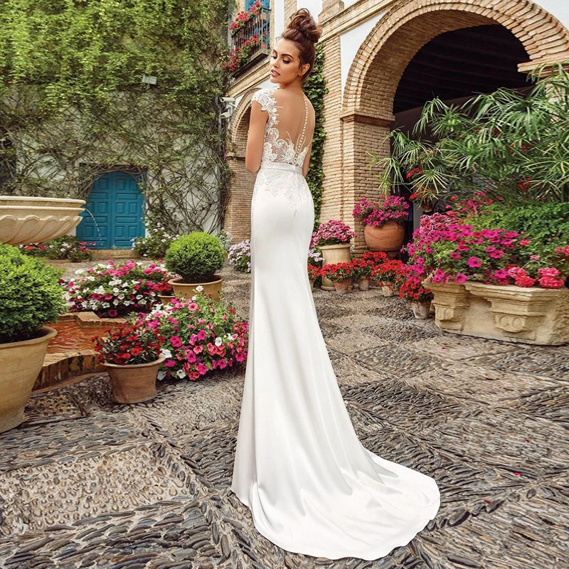 Customized Weilinsha Elegant Illusion O-neck Mermaid Wedding Dress Ladies Cap Sleeve Lace Applique Sweep Train Bridal Dresses Ve