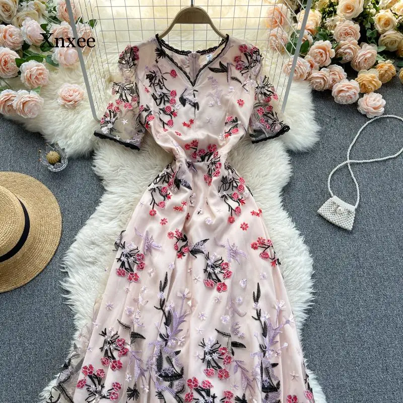 Summer Vintage Pink Embroidery Mesh Dress Chinese Cheongsam Women Sweet Short Sleeve High Waist Hollow Sexy Vestidos Female 2021