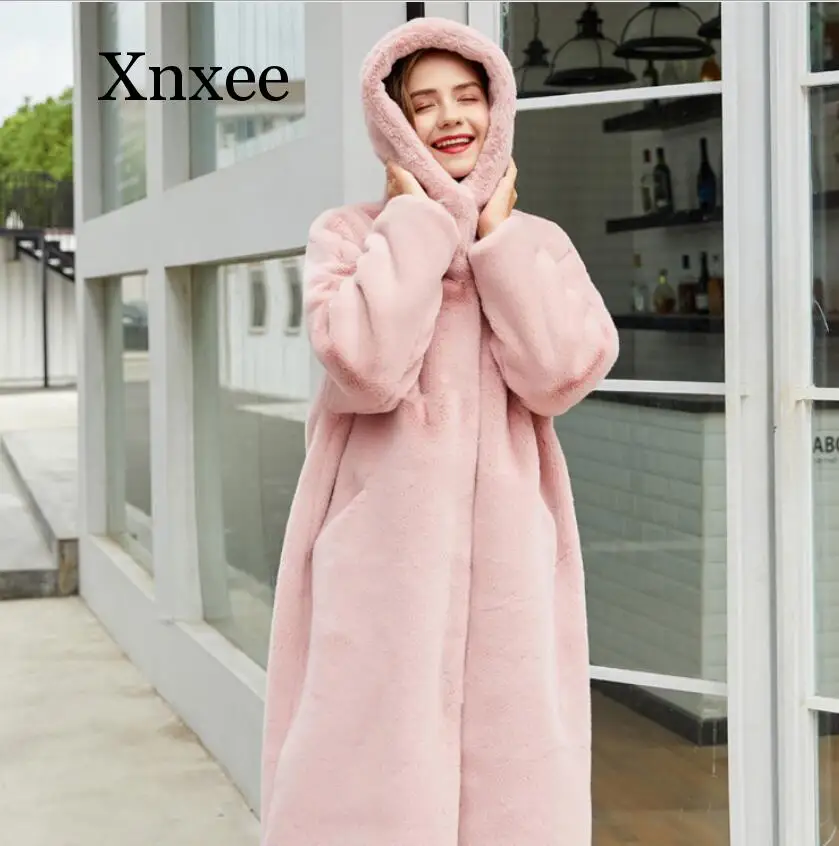 Yellow Hood X Long Fur Coat Female Loose Thick Warm Mink Fur Teddy Coat Kawaii Cute Winter Imitation Velvet  Russia Thick Orange