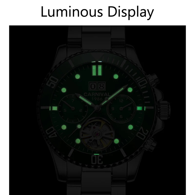 CARNIVAL Luxury Brand Tourbillon orologio meccanico da uomo quadrante verde 316 cinturino in acciaio luminoso orologi automatici da lavoro