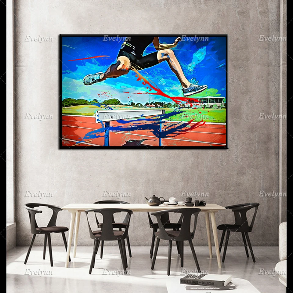 Female Athlete Canvas Print Poster, Jumping Over Obstacles Wall Art Modular Decor, Athletics Unique Gift,Canvas on Wooden Frame