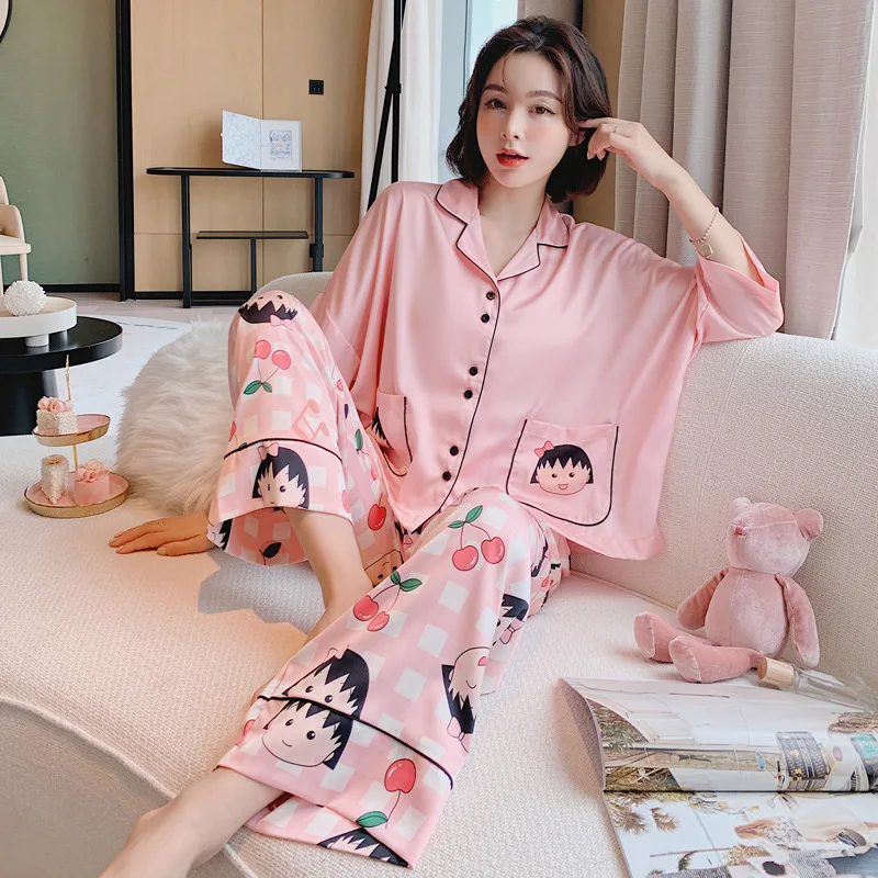 

2021 New Women Sikly Satin Pajamas Cute Smiling Face 3/4sleeved Lapel Pyjama Fashion High-end Home Service Suits Sleepwear Sets