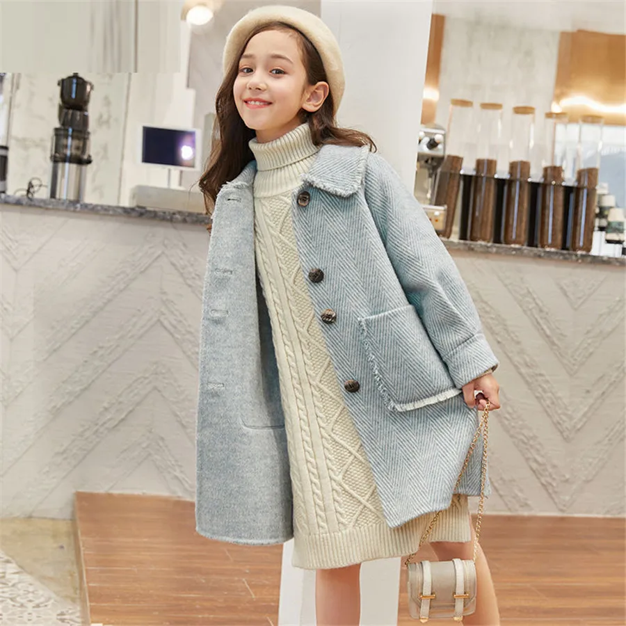 Children Girls Coats Outerwear Winter Girls Jackets Woolen Long Trench Teenagers Warm Clothes Kids Outfits For  8 10 12 14 Years