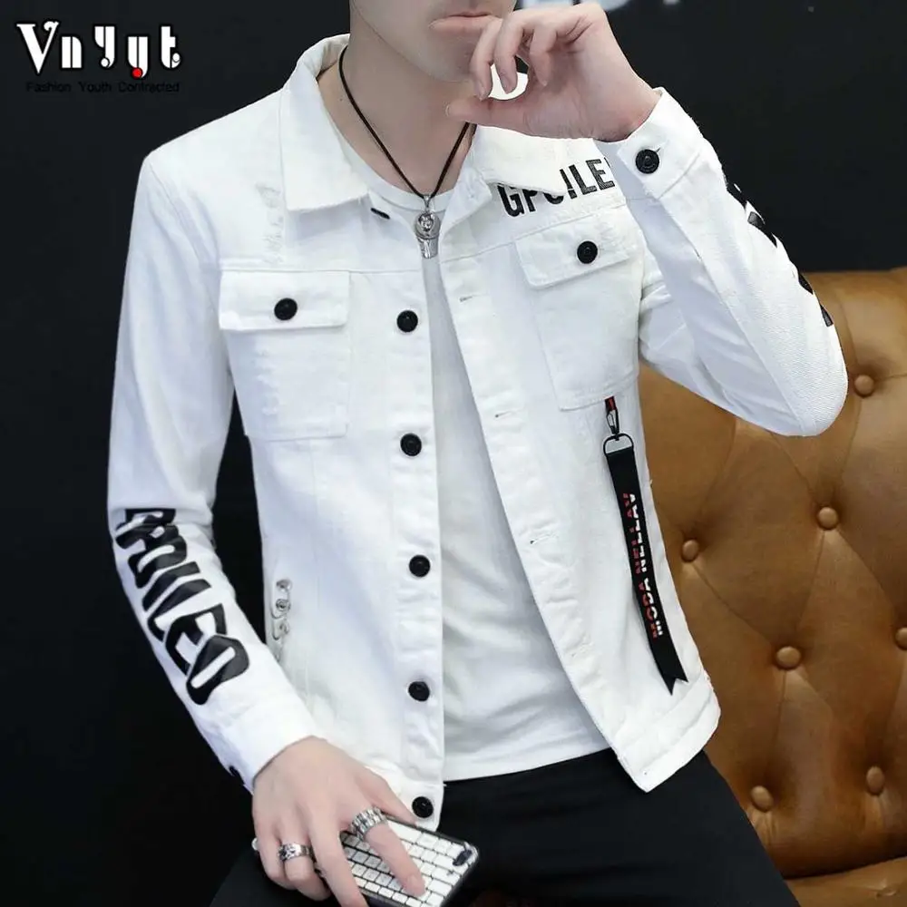 Wholesale 2021 Ribbon Men\'s Handsome Thin Jacket Men\'s frazzle Slim Denim Spring Summer Wild teenagers Printed Denim Jacket