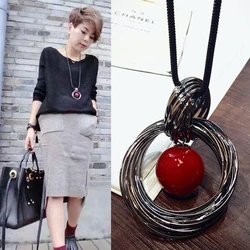 Fashion Metal Round Statement Pendants Necklaces For Women Jewelry Red White Pearl Ball Long Necklace Black Sweater Chain Choker