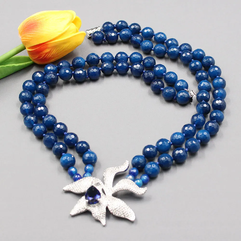 GuaiGuai Jewelry 19\'\' 2 Rows Natural Blue Agate Necklace CZ Flower Pendant For Women