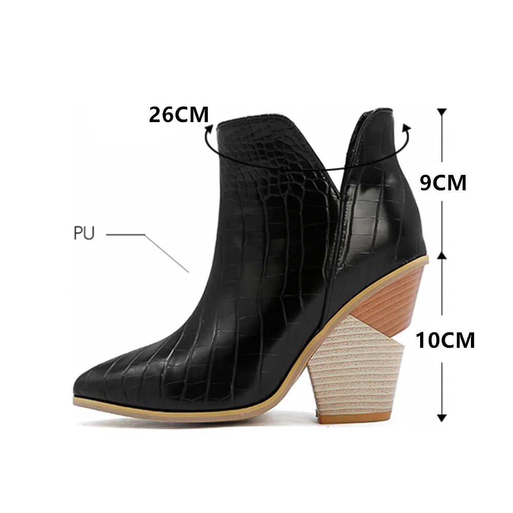 2024 Brand High Quality Western Boots Women Pointed Toe Wedge High Heel Ankle Boots Thick Heel Slip On Cowboy Boots Women Shoes