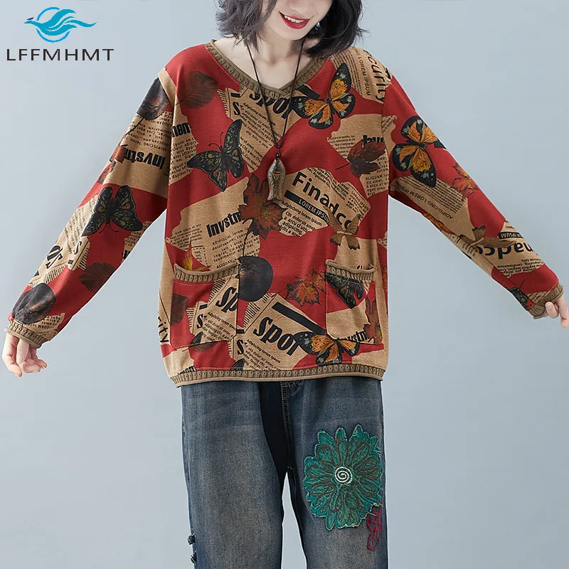 Women Autumn Fashion Knitting Patchwork Long Sleeve T-Shirt Female Baggy Loose Casual Tee Vintage Butterfly Newspaper Tops