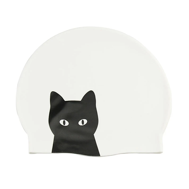 Desenhos animados gato natação cap para mulheres e meninas, silicone elástico, impermeável, orelhas de cabelo comprido proteger, espessado, personalidade, nadar Caps