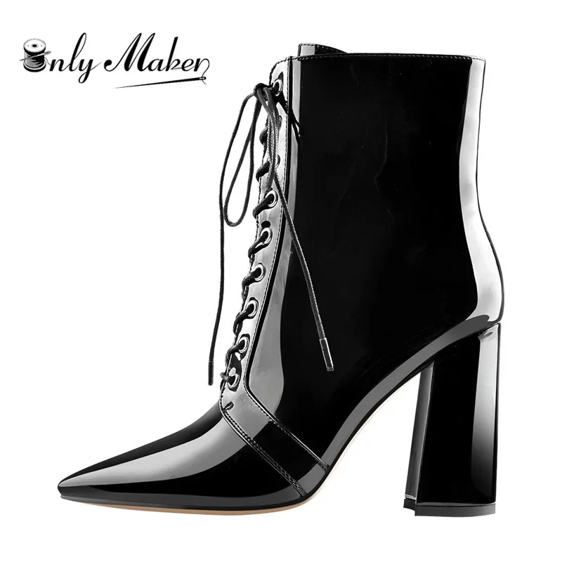 

Onlymaker Pointed Toe Black Color Patent Leather Lace up Chunky 12CM High Heels Side Zipper Ankle Boots For Winter