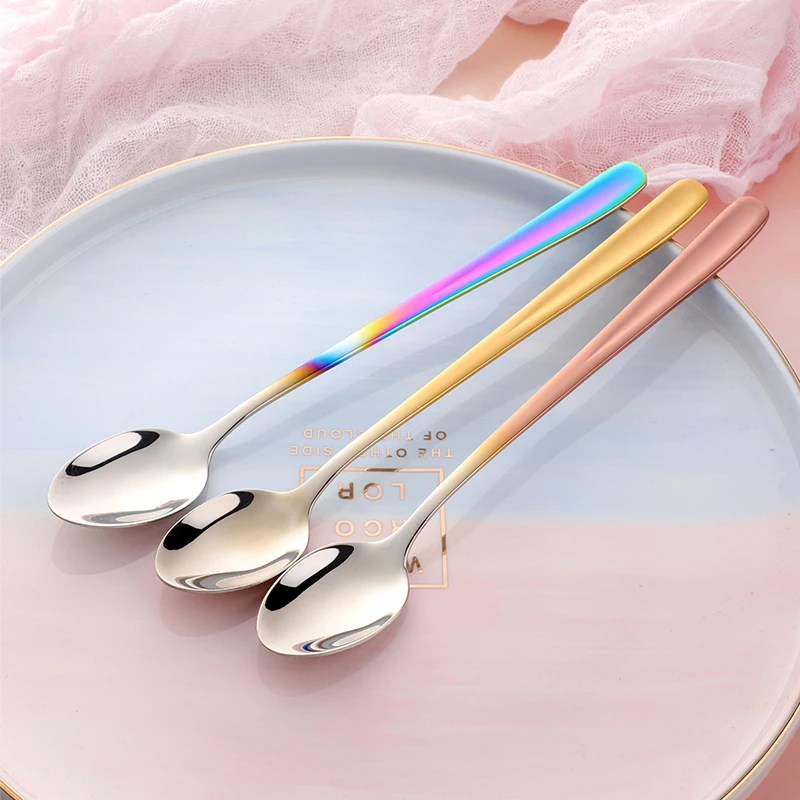 18/10 Stainless Steel Rainbow Ice Spoons With Long Handle Mirror Polished Mixing Stirring Drink Ice Cream Dessert Tea Spoon