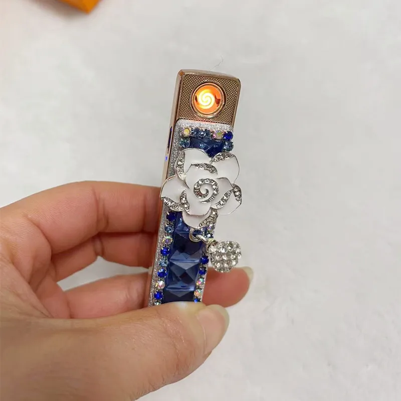 Lady Lighter Cute Cartoon Diamond Handmade Diamond Rechargeable USB Lighter Gorgeous Female Cigarette Tool