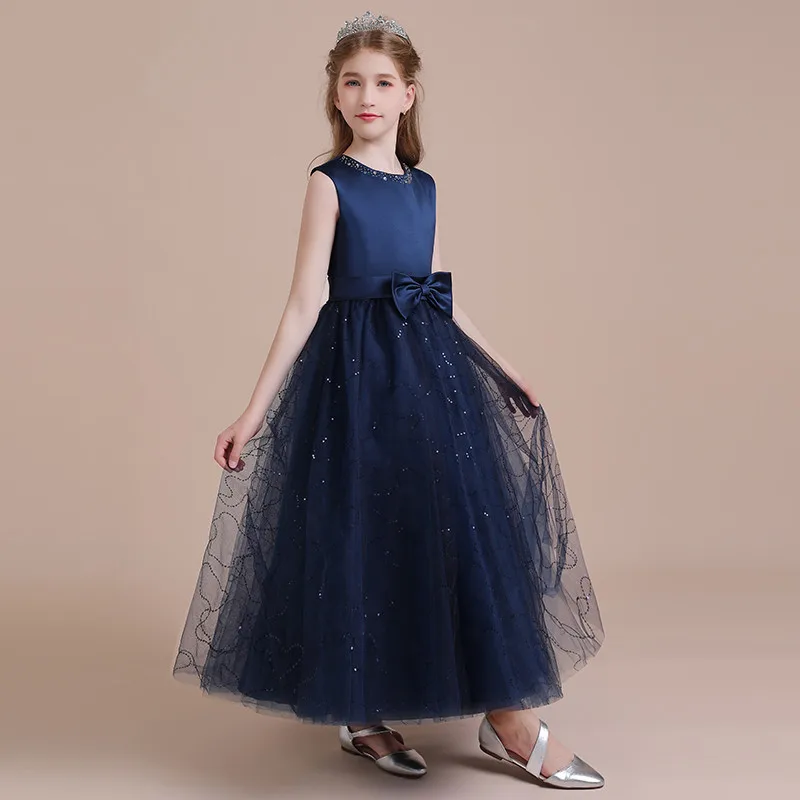 Dideyttawl-vestidos de fiesta formales largos de tul satinado azul marino personalizados para niña, vestidos de flores para niña, concierto juvenil de cumpleaños para niños