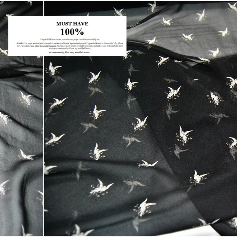 Silk Georgette Chiffon Fabric Dress Large Wide Black Bird   Clothing  DIY Patchwork Tissue