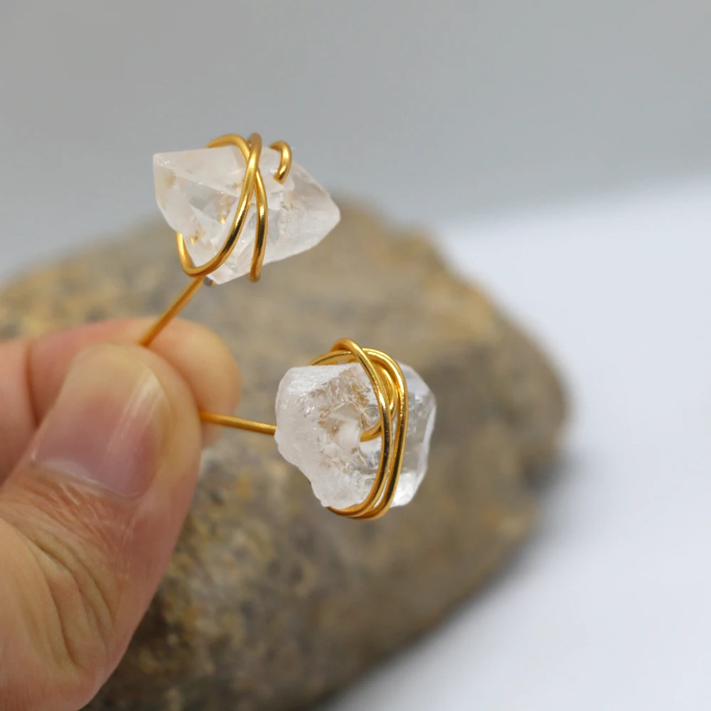 Bohemia Natural Irregular White Crystal Stone Stud Earrings for Women Vintage Gold Color Copper Wire Twisted Ear Cuff Earrings