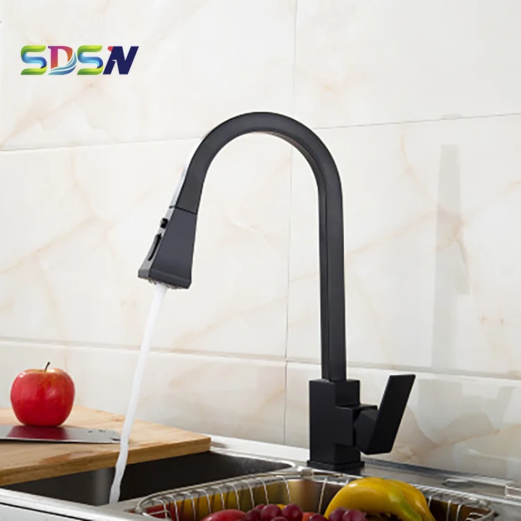 Black Painting Kitchen Sink Water Faucet Square Pull Out Spray Head Kitchen Sink-mixer Hot and Cold Kitchen Tap Single Level Tap