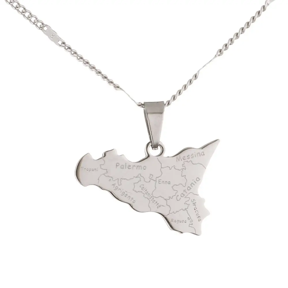 Stainless Steel Map of Sicilia Necklace Pendants Sicilia Fashion Women Charm Jewelry