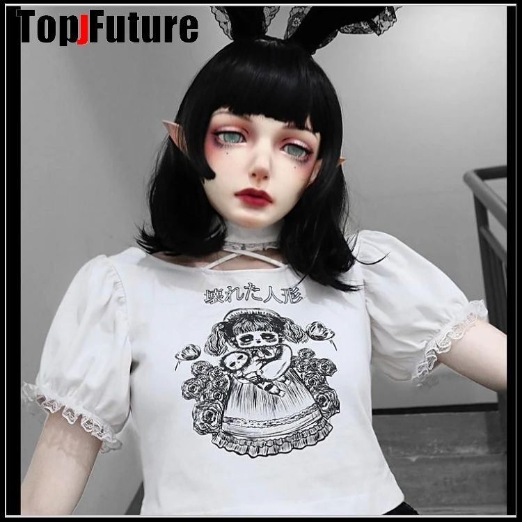 

gothic Lolita Women's College Punk HarajukuLost figure dark Gothic neck cross printed Short Sleeve T-Shirt Top