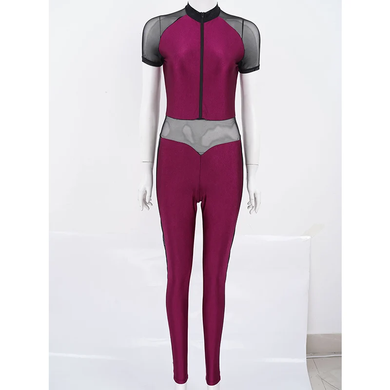 Women Dance Wear Mesh Patchwork Bodycon Bodysuit Jumpsuit Sport Fitness Yoga Pants Unitards Gymnastics Leotard Ballet Costume
