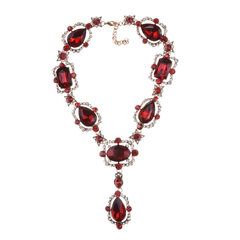 Indian Ethnic Statement Large Collar Necklace Women Purple Red Green Clear Big Glass Crystal Pendants Necklace Wedding Jewelry