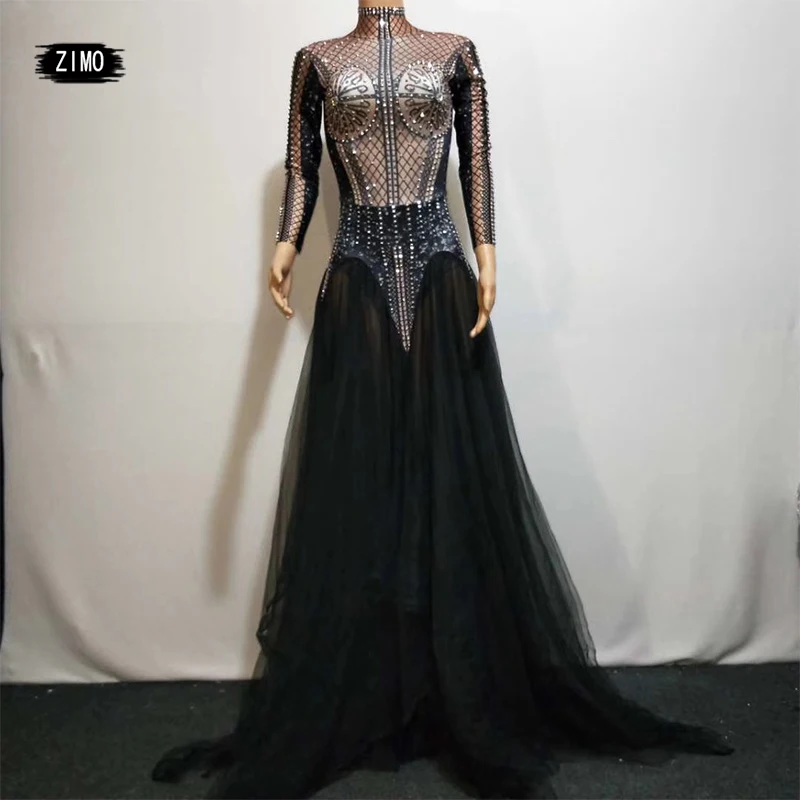 Costume Dance Black maxi Dress long sleeve Women Birthday Celebrate Rhinestone Dress Show drag queen Costumes Stage Wear fashion