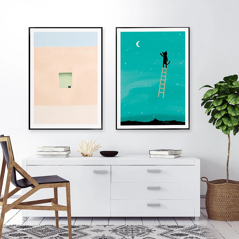 Nordic Style Canvas Painting Wall with Green Door and Cat Print Funny Classic Animal Wall Art Posters Pictures Living Room Decor