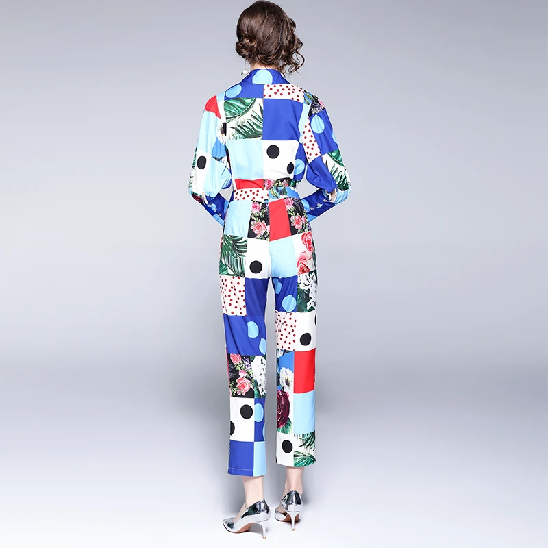 2021 Women\'s New Fashion Summer Runway Two Piece Set Blue Contrast Plaid Print Shirts Tops +Hight Waist Pencil Suits